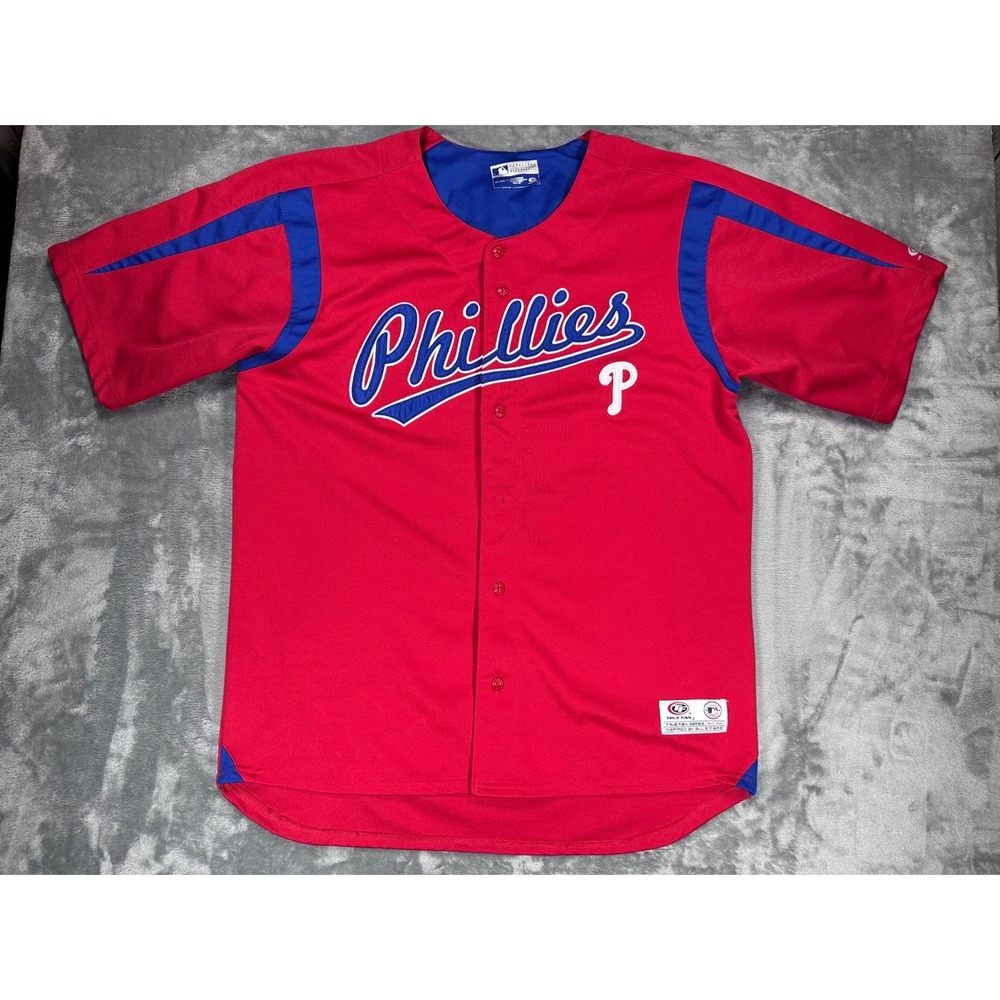 True Fan MLB Philadelphia Phillies Baseball Jersey XL Red Blue Button Front Mens